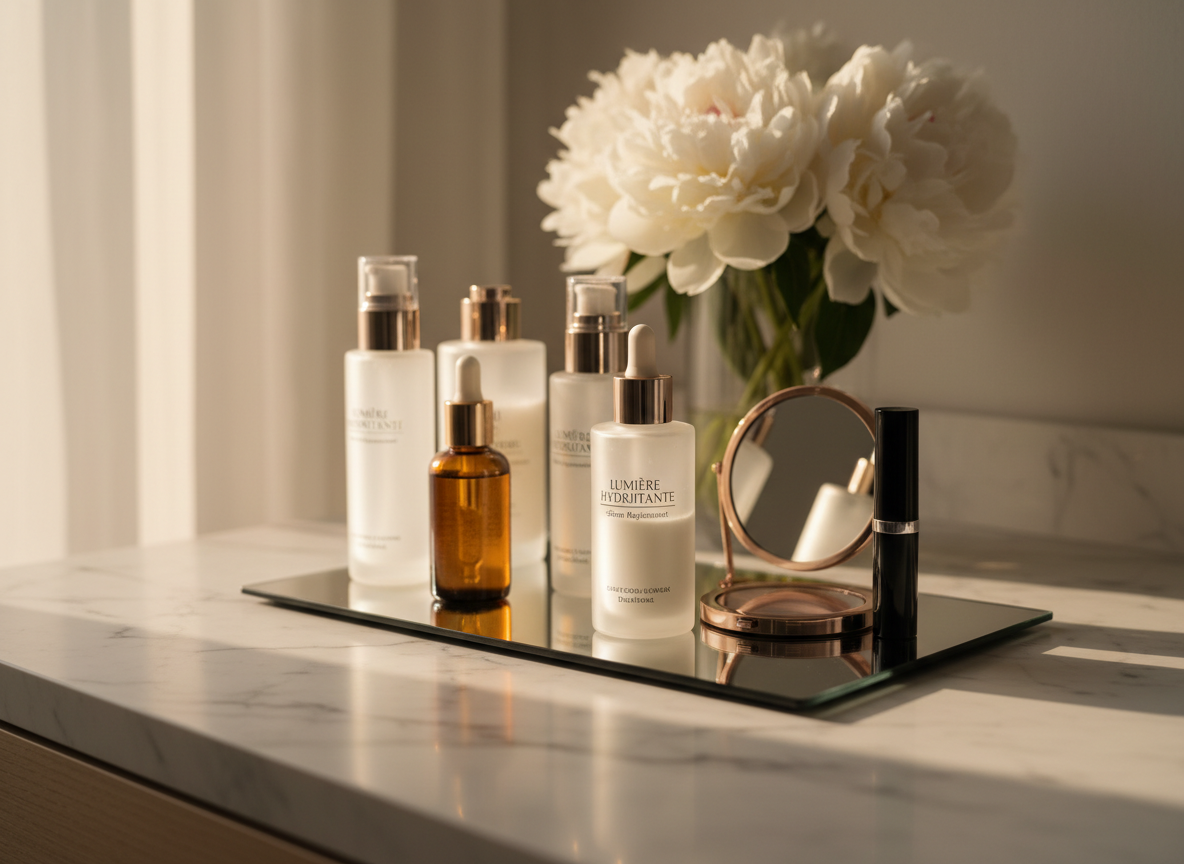 A gleaming vanity scene featuring a curated collection of high-end skincare and makeup products arranged on a white marble countertop with delicate gray veining. Frosted glass serum bottles, a luxurious face oil in amber glass, a rose-gold compact, and an elegant black mascara tube are neatly styled on a mirrored tray. In the background, a blurred vase with white peonies adds softness. Warm afternoon sunlight filters through an unseen window, creating luminous reflections and soft shadows. Shot at eye level with a shallow depth of field, the focus rests on the central serum bottle and its subtle label details. The overall atmosphere is indulgent yet minimal, ideal for a luxury beauty recommendation feature in clean photographic realism.