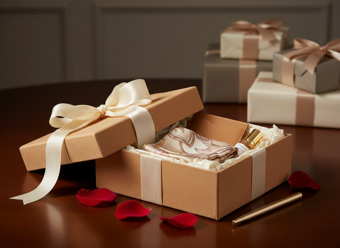 A plush champagne-colored gift box with a satin ribbon bow, slightly open to reveal neatly folded silk scarf, a slim leather cardholder, and a small glass fragrance vial nestled in cream tissue paper. The box rests on a dark wood table beside scattered rose petals and a metallic pen. Soft studio lighting from above and slightly to the right casts velvety shadows and emphasizes the textures of ribbon, paper, and silk. Background elements, including softly blurred wrapped boxes in neutral tones, suggest an elegant gifting suite. Captured from a slightly elevated angle with balanced composition, the scene feels refined, intimate, and celebratory, perfectly suited for a luxury shopping and gift guide in polished photographic realism.