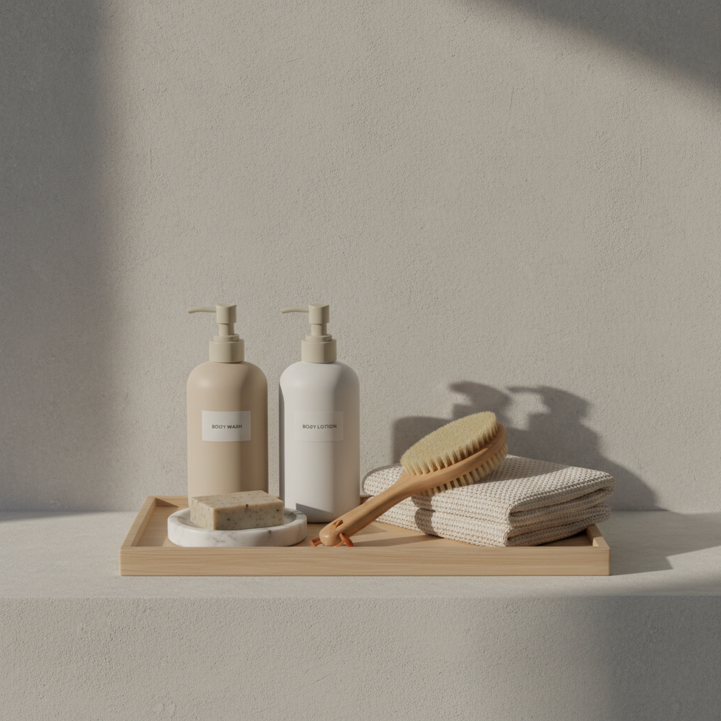 A serene bathroom shelf vignette featuring a tray of spa-like luxury body care products: matte ceramic pump bottles in soft beige and white, a natural bristle body brush with a leather strap, a folded waffle-texture towel, and a small marble dish holding a bar of artisanal soap. The tray sits on a light stone ledge against a smooth, pale microcement wall. Gentle morning light filters in from an unseen window, creating soft, elongated shadows and a calm glow. The composition is centered with plenty of negative space, captured at eye level with sharp focus. The mood is tranquil, pampering, and elevated, ideal for showcasing indulgent self-care recommendations in understated photographic realism.