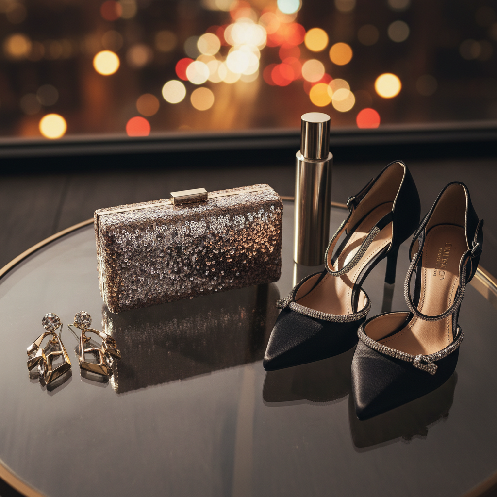 An evening flat lay styled for a luxury night-out look: a sequined clutch bag in muted champagne tones, a pair of pointed-toe black satin heels with crystal embellishments, a slim metallic fragrance bottle, and a statement pair of sculptural earrings arranged on a smoked-glass tabletop. Behind, a blurred background of out-of-focus warm city lights creates a glamorous bokeh. Low, directional lighting from the upper left adds drama, highlighting the sparkle of sequins and crystals while casting elongated, moody shadows. Shot close-up with a shallow depth of field, the image feels cinematic, opulent, and ready for a special occasion style guide, rendered in refined photographic realism.