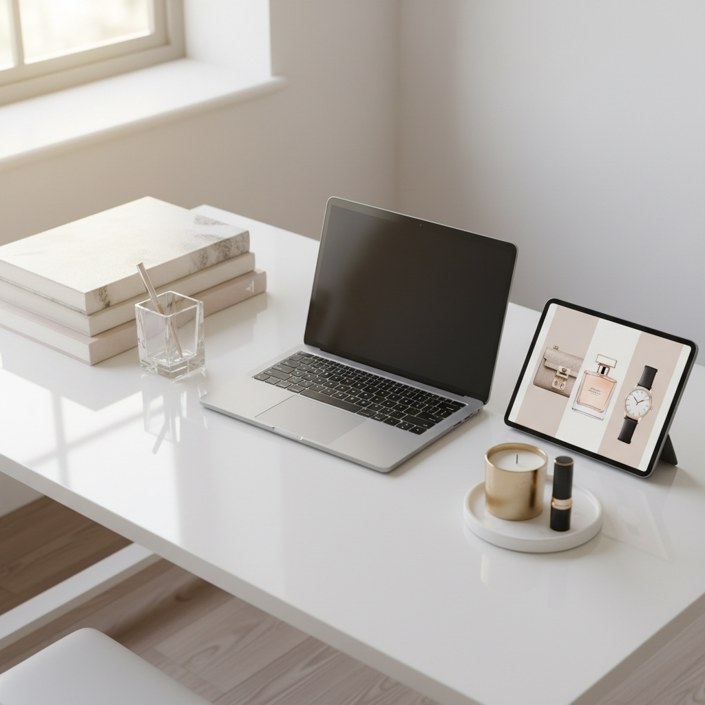 A sleek workspace for a luxury lifestyle content creator, featuring a slim metallic laptop on a glossy white desk, flanked by a crystal pen holder and a stack of fashion and beauty coffee table books with neutral, text-free covers. A tablet displays a moodboard of product imagery without readable text, while a small tray holds a gold-toned candle and a minimalist lipstick tube. Natural light from a nearby window washes the scene in soft brightness, casting faint, clean shadows and gentle reflections on the desk surface. Captured from a three-quarter overhead angle, the composition is balanced and uncluttered, evoking productivity, digital sophistication, and modern elegance in crisp photographic realism.