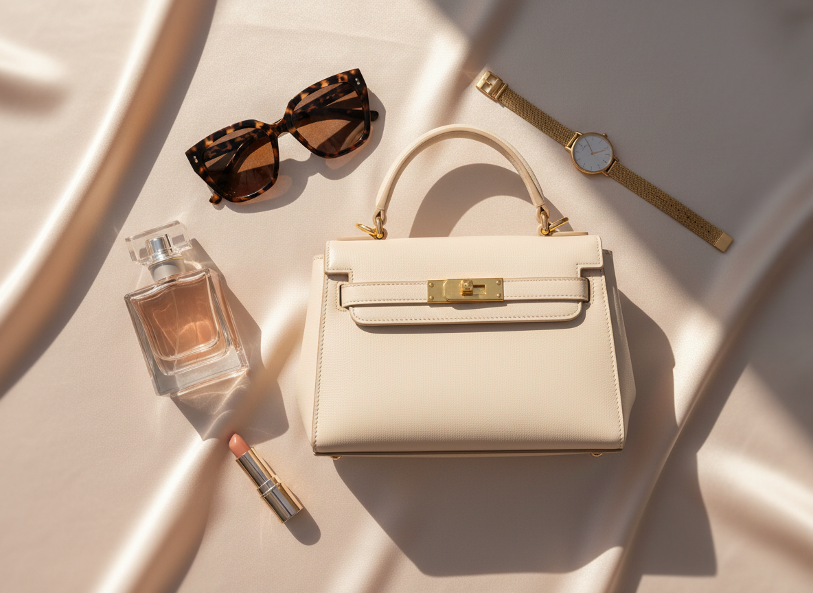A meticulously arranged flat lay of luxury beauty and fashion essentials on a pale champagne-colored silk backdrop. At the center, a structured ivory leather handbag with gold hardware is surrounded by a glass perfume bottle with a faceted cap, a nude-toned lipstick in a metal case, oversized tortoiseshell sunglasses, and a slim gold watch. Soft diffused daylight from the left creates gentle highlights on the metallic accents and subtle shadows along the fabric’s ripples. The composition follows the rule of thirds with a shallow depth of field, blurring the edges into creamy bokeh. The mood is sophisticated, aspirational, and calm, evoking an editorial shopping and gift guide in clean, photographic realism.