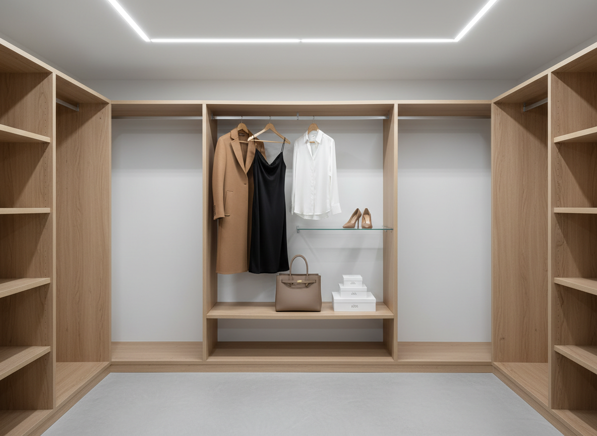 A minimalist walk-in closet scene with open shelving showcasing a carefully curated capsule wardrobe in neutral tones: a tailored camel coat, crisp white blouse, black silk slip dress, and a pair of nude stilettos displayed on a glass shelf. A structured tote bag in taupe leather sits below, next to a small stack of designer-style boxes. Soft, even LED lighting from recessed ceiling fixtures creates a gentle, shadow-free glow, making every texture—from wool to leather—stand out. Shot from a slightly wide, eye-level perspective, the composition emphasizes order, space, and luxury. The atmosphere is serene, aspirational, and impeccably organized, ideal for illustrating elevated fashion inspiration and lifestyle curation in high-end photographic realism.